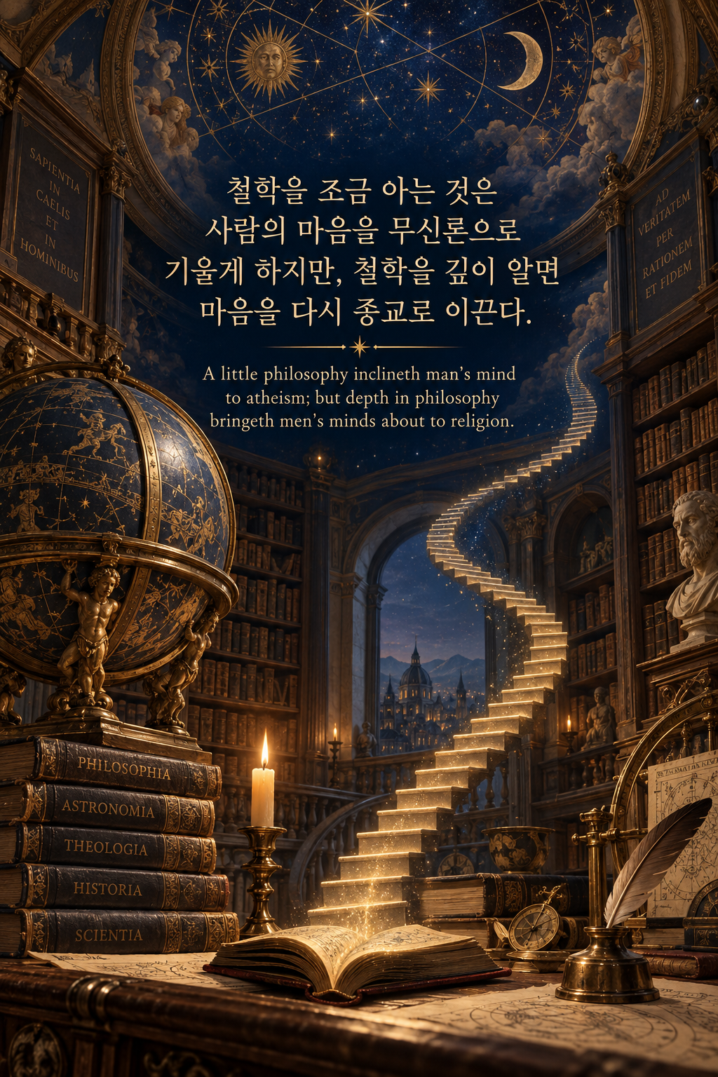 프랜시스 베이컨 명언 9 — 철학을 조금 아는 것은 사람의 마음을 무신론으로 기울게 하지만, 철학을 깊이 알면 마음을 다시 종교로 이끈다.