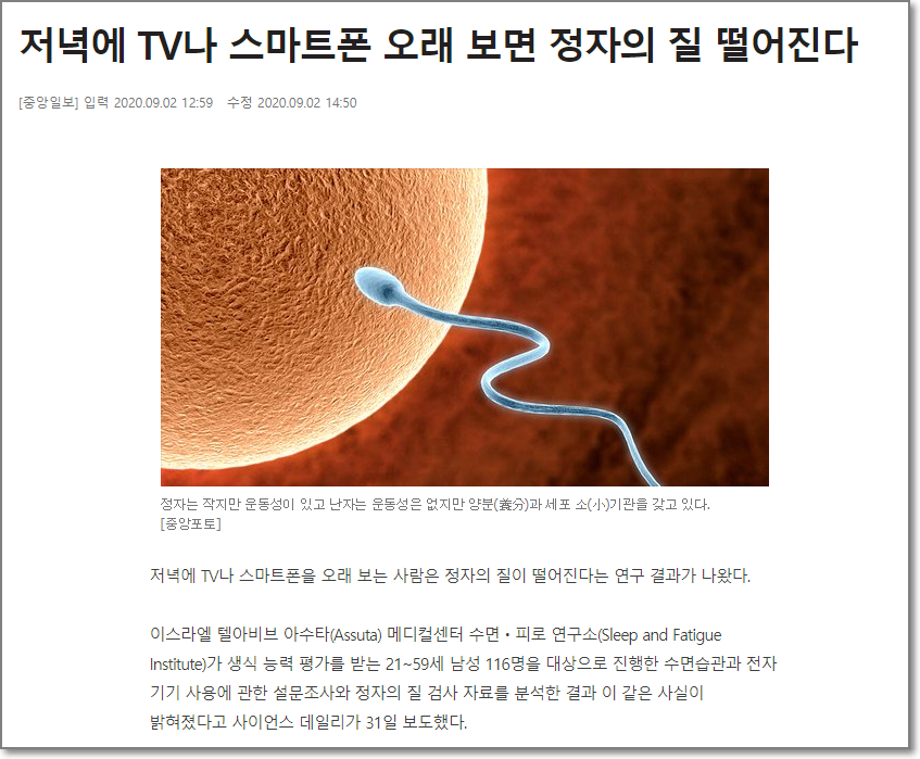 전자파에 정자의 질 떨어진다는 중앙일보 기사 이미지