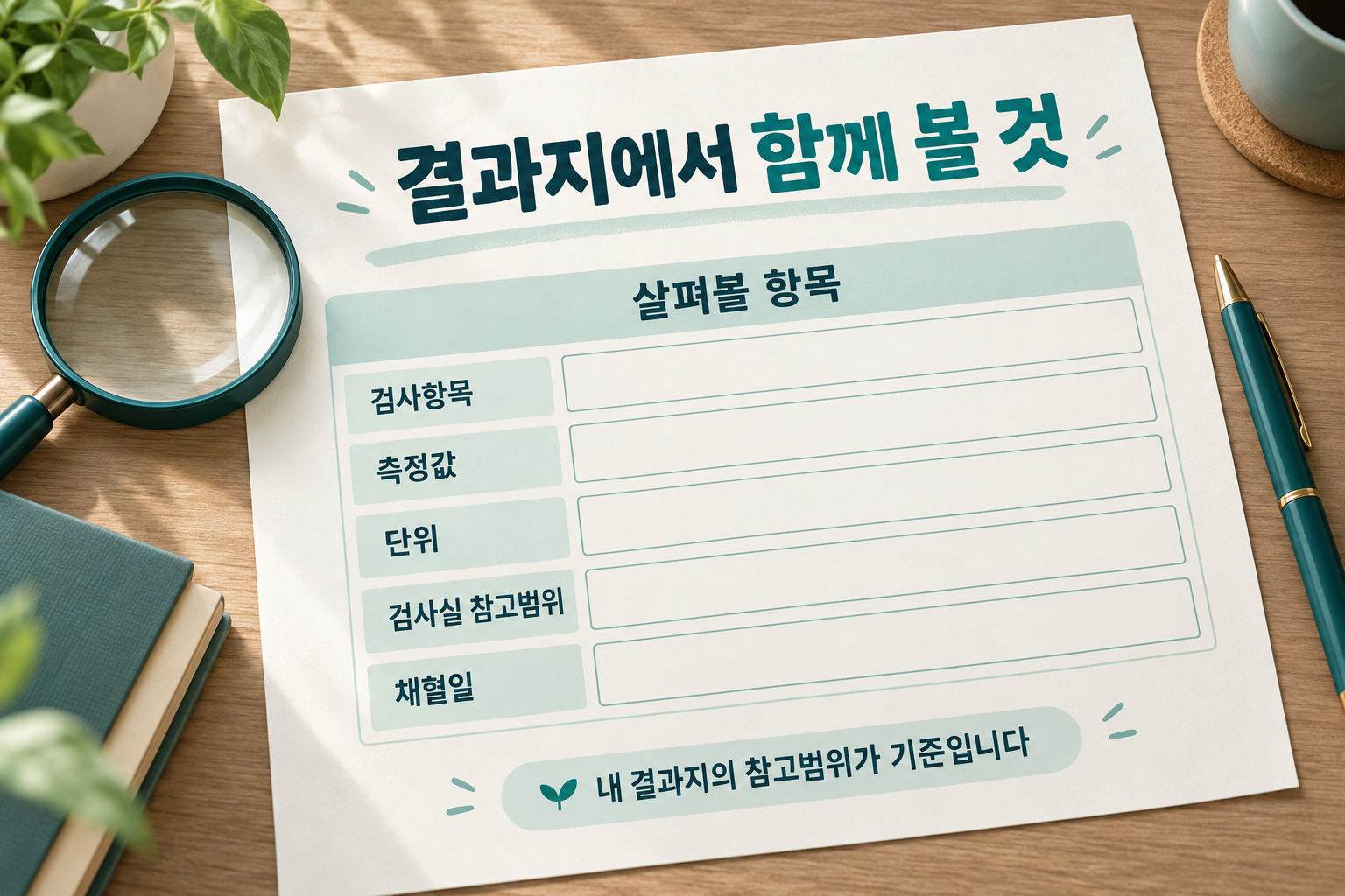 공란 설명지에 검사항목&middot;측정값&middot;단위&middot;검사실 참고범위&middot;채혈일의 다섯 항목을 표시한 예시