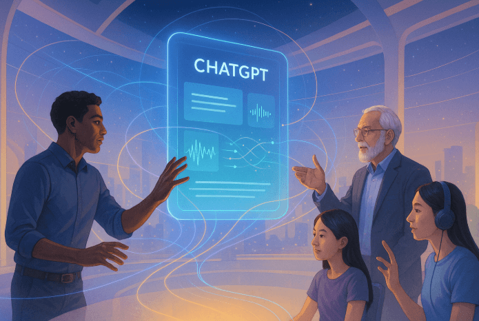 챗GPT를 통해 인간과 AI가 홀로그램 인터페이스로 소통하며 새로운 협력 시대를 여는 미래지향적 이미지