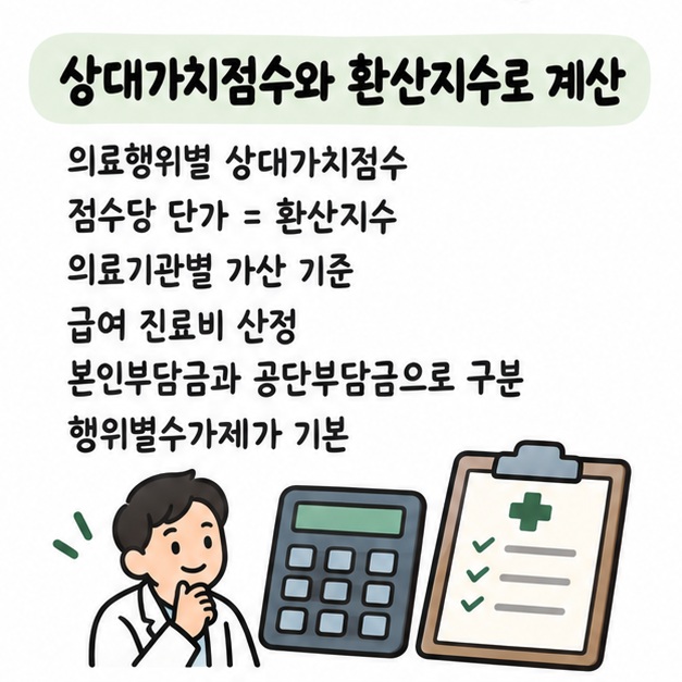 의료행위별 상대가치점수에 환산지수와 의료기관별 가산 기준을 적용해 건강보험 수가를 산정하는 구조 카드