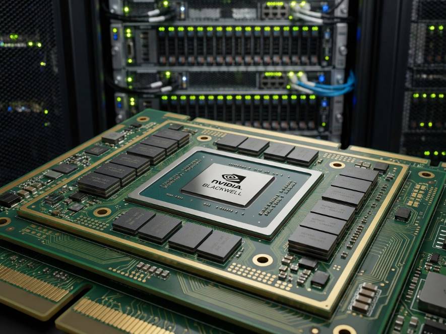 엔비디아 블랙웰 GPU 칩셋 클로즈업, 녹색 회로기판 위 첨단 반도체 패키징