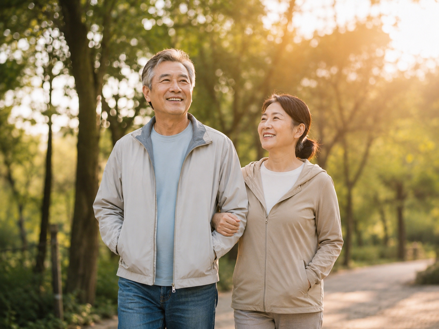 노년 부부가 행복하게 산책하는 사진