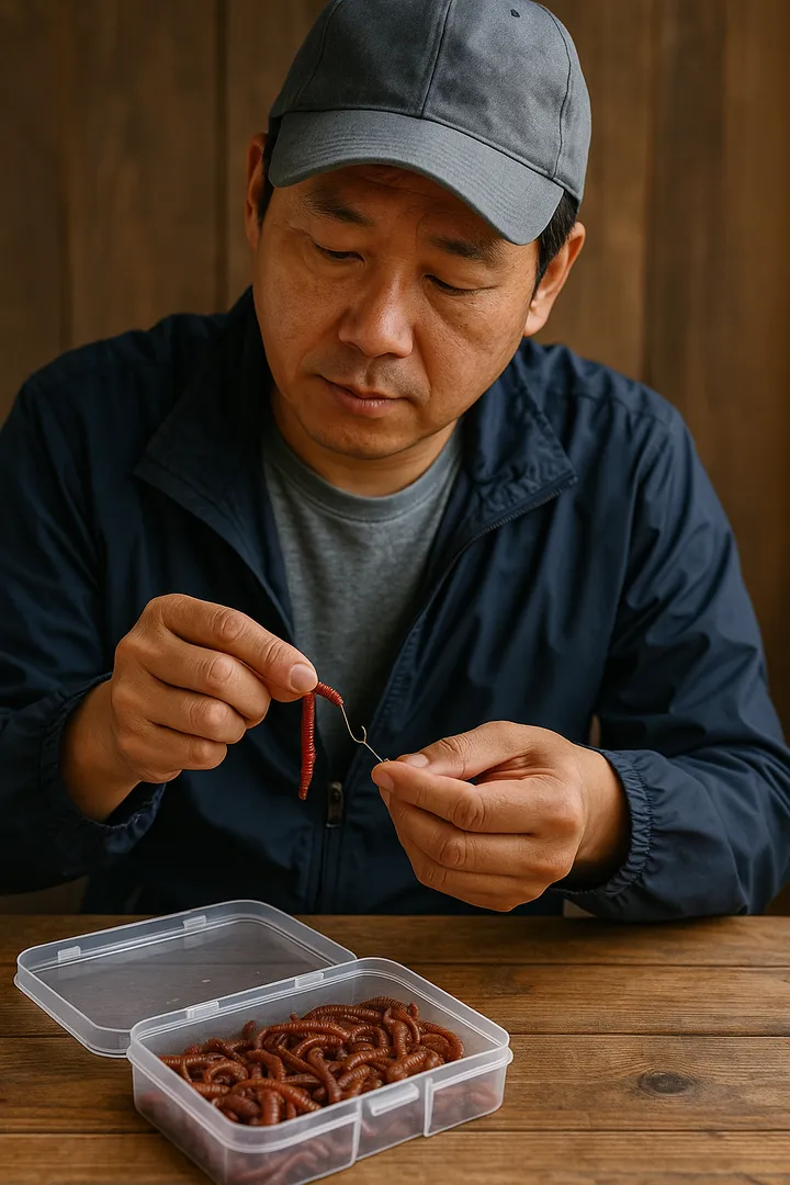 갯지렁이 미끼를 바늘에 끼우는 모습