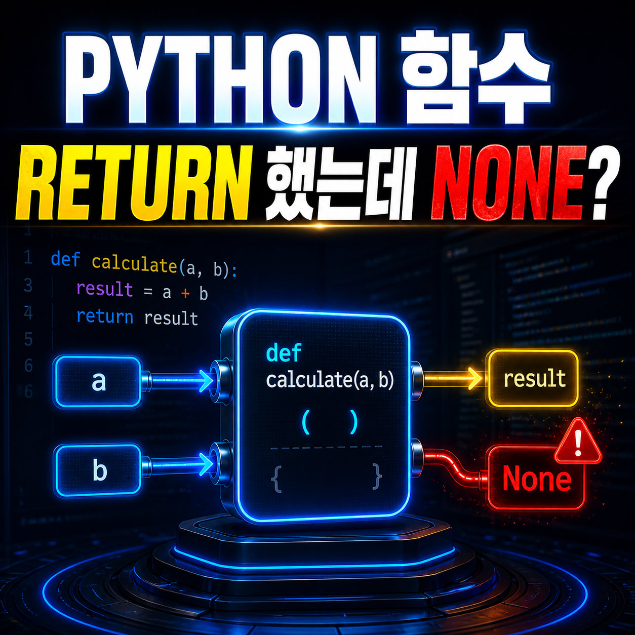 파이썬 함수의 def, 매개변수, return 흐름과 None 함정을 표현한 네온 코딩 썸네일