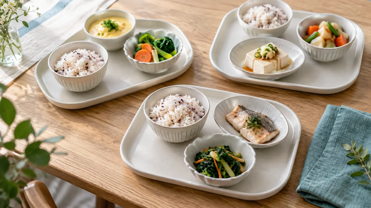 밥과 달걀&middot;두부&middot;생선 반찬을 작은 식사 세 개로 나누어 담은 예시