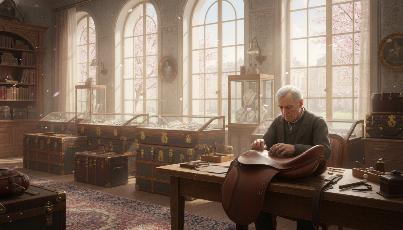 19세기 파리의 명품 공방에서 장인이 가죽 마구를 수작업으로 제작하는 모습