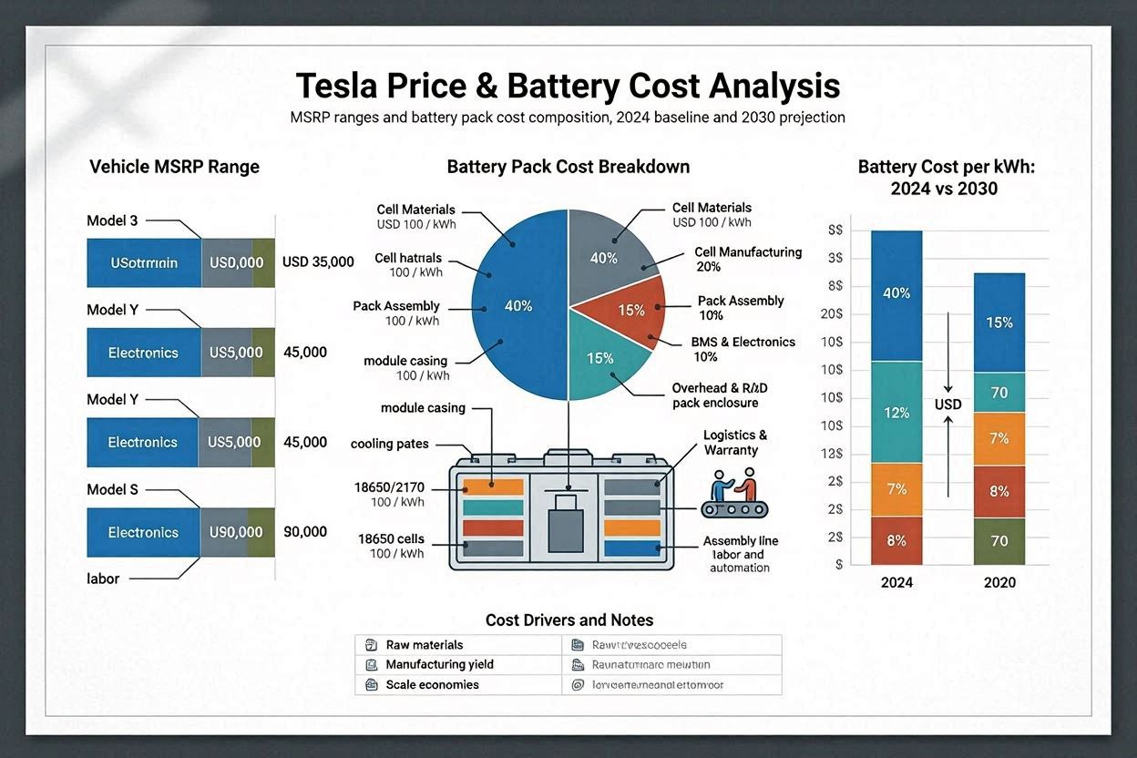 A financial breakdown chart comparing EV battery cell manufacturing costs against total vehicle pricing.