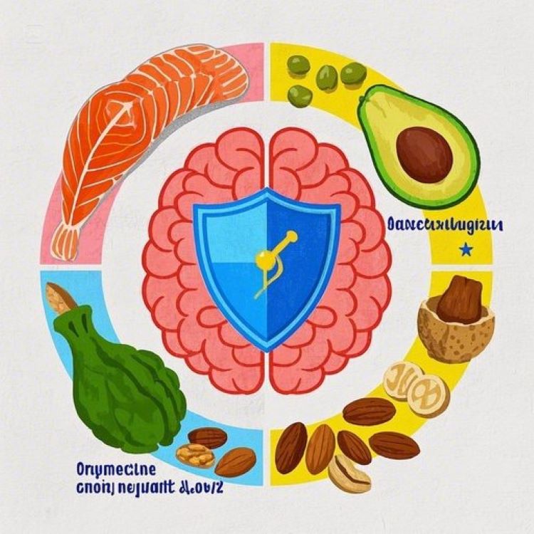 "뇌를 둘러싸고 있는 붉은색 염증 파장과 노란색 산화 스트레스를 시각화한 이미지. 뇌 중앙에는 보호막 역할을 하는 푸른색 항산화 방어막이 있고, 한쪽에는 건강한 음식들(연어, 아보카도, 견과류, 올리브오일)이 뇌를 보호하는 모습으로 표현. 전체적으로 의학적이면서도 희망적인 느낌의 인포그래픽 스타일. 배경은 깔끔한 흰색 또는 연한 파란색."