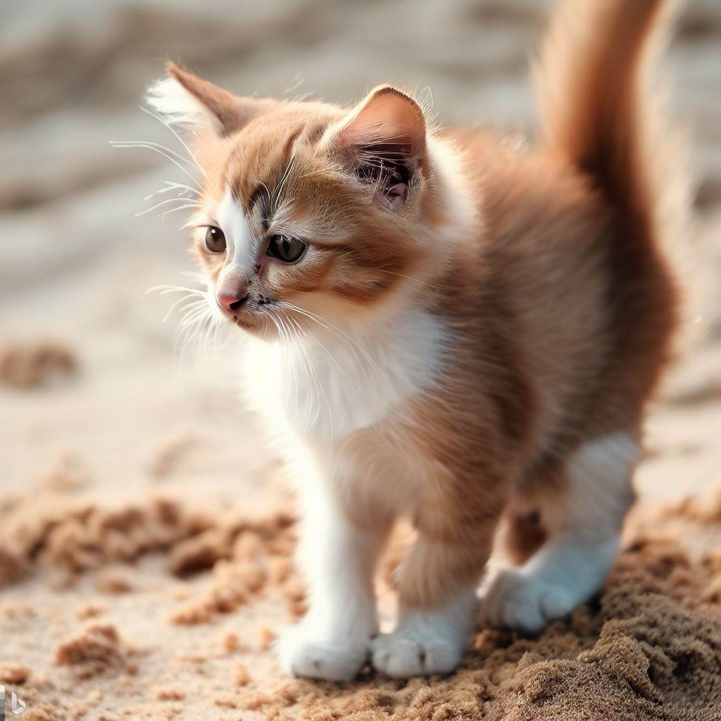 모래위에 서 있는 고양이 모습