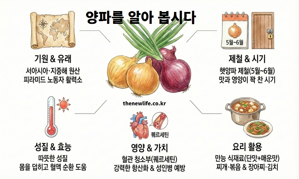 양파의 기원, 제철 시기, 성질, 요리 활용법과 핵심 양파 효능 성분인 퀘르세틴에 대한 정보를 한눈에 보여주는 요약 이미지