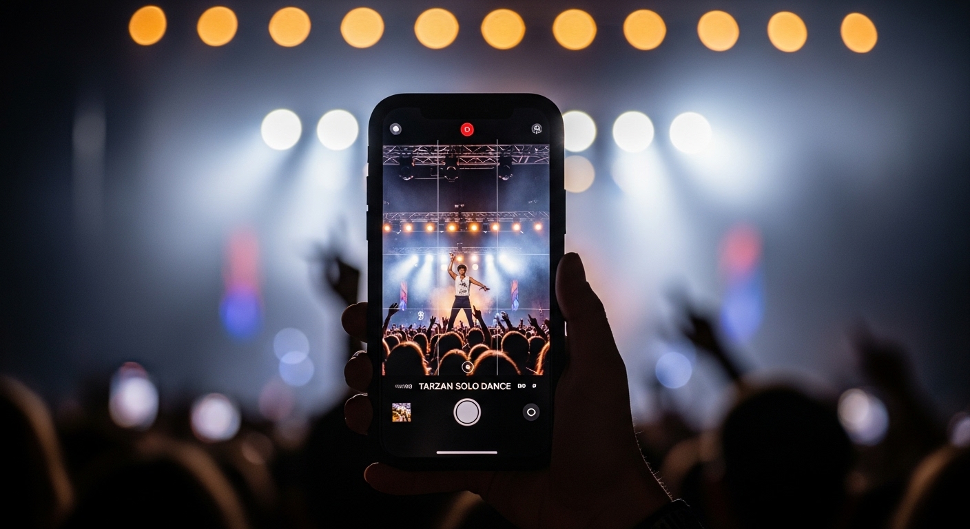 콘서트 현장에서 타잔의 무대를 촬영하고 있는 팬의 스마트폰 화면.