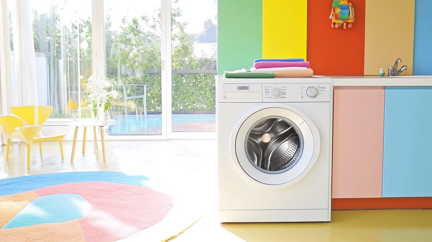 2023년 최신 디자인의 현대적인 세탁기, 강력한 물살과 혁신적인 기술을 강조하는 밝고 아늑한 세탁실 환경