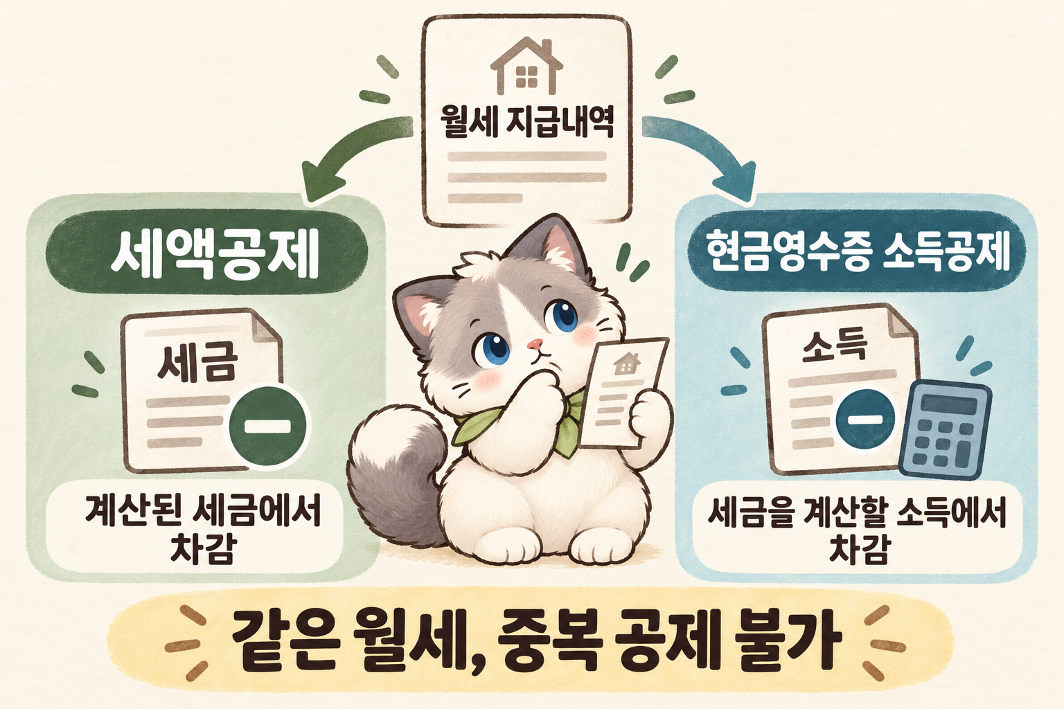 월세 지급내역에서 세액공제와 현금영수증 소득공제로 갈라지는 두 경로. 세액공제는 계산된 세금에서, 소득공제는 세금을 계산할 소득에서 차감하며 같은 월세는 중복 공제할 수 없다.