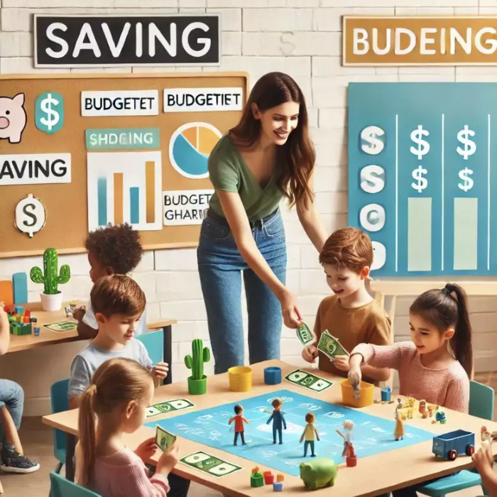 어린이들이 밝고 색감이 풍부한 교실에서 경제 교육 체험 활동에 참여하는 모습. 교사는 장난감 화폐와 차트를 사용하여 아이들에게 경제 개념을 설명하고 있으며, 벽에는 '저축', '예산', '나눔'과 같은 단어가 적힌 포스터가 걸려 있다.