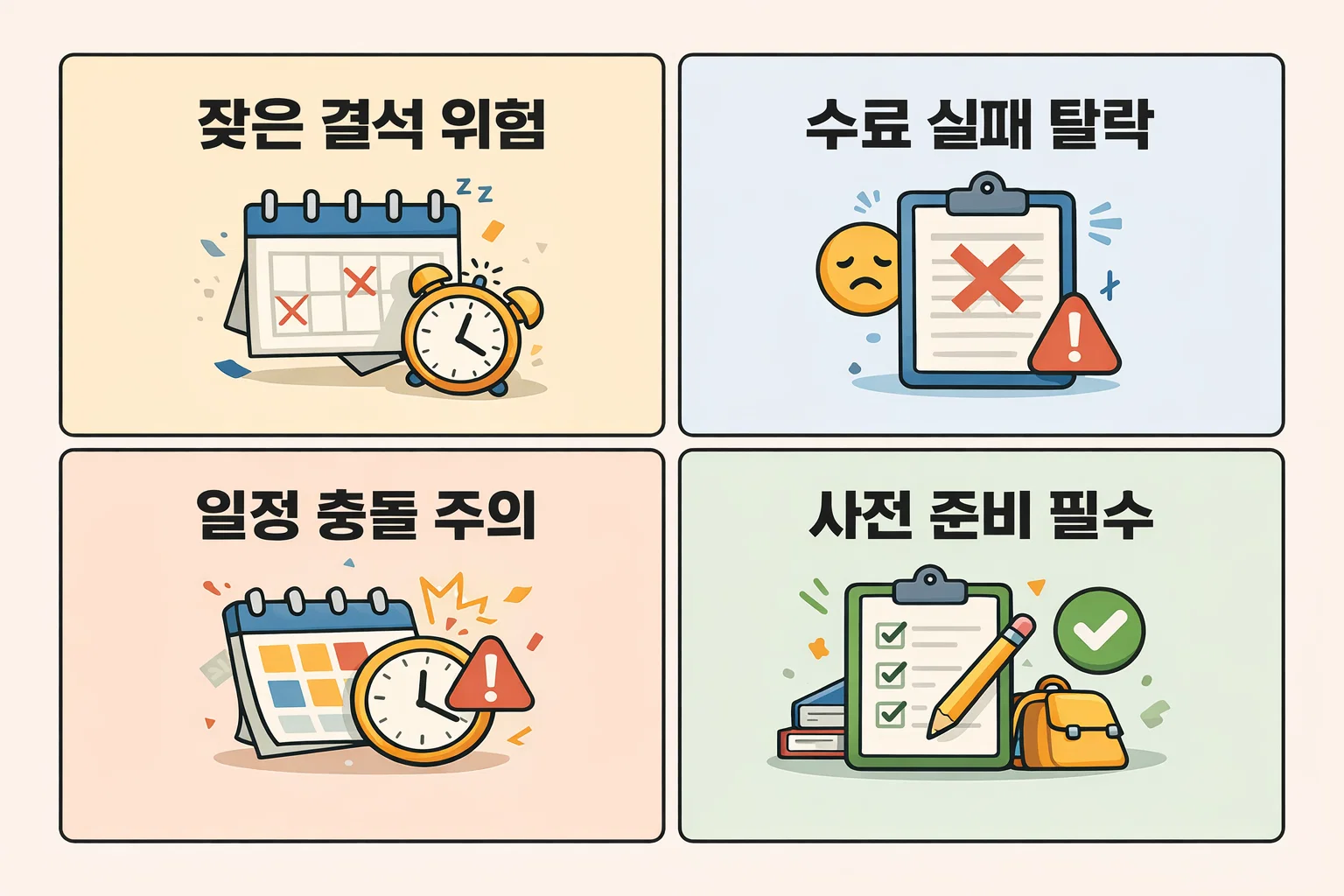 소방안전관리자2급 과정에서 결석 위험·수료 실패·일정 충돌·사전 준비 필요성을 강조한 주의사항 이미지