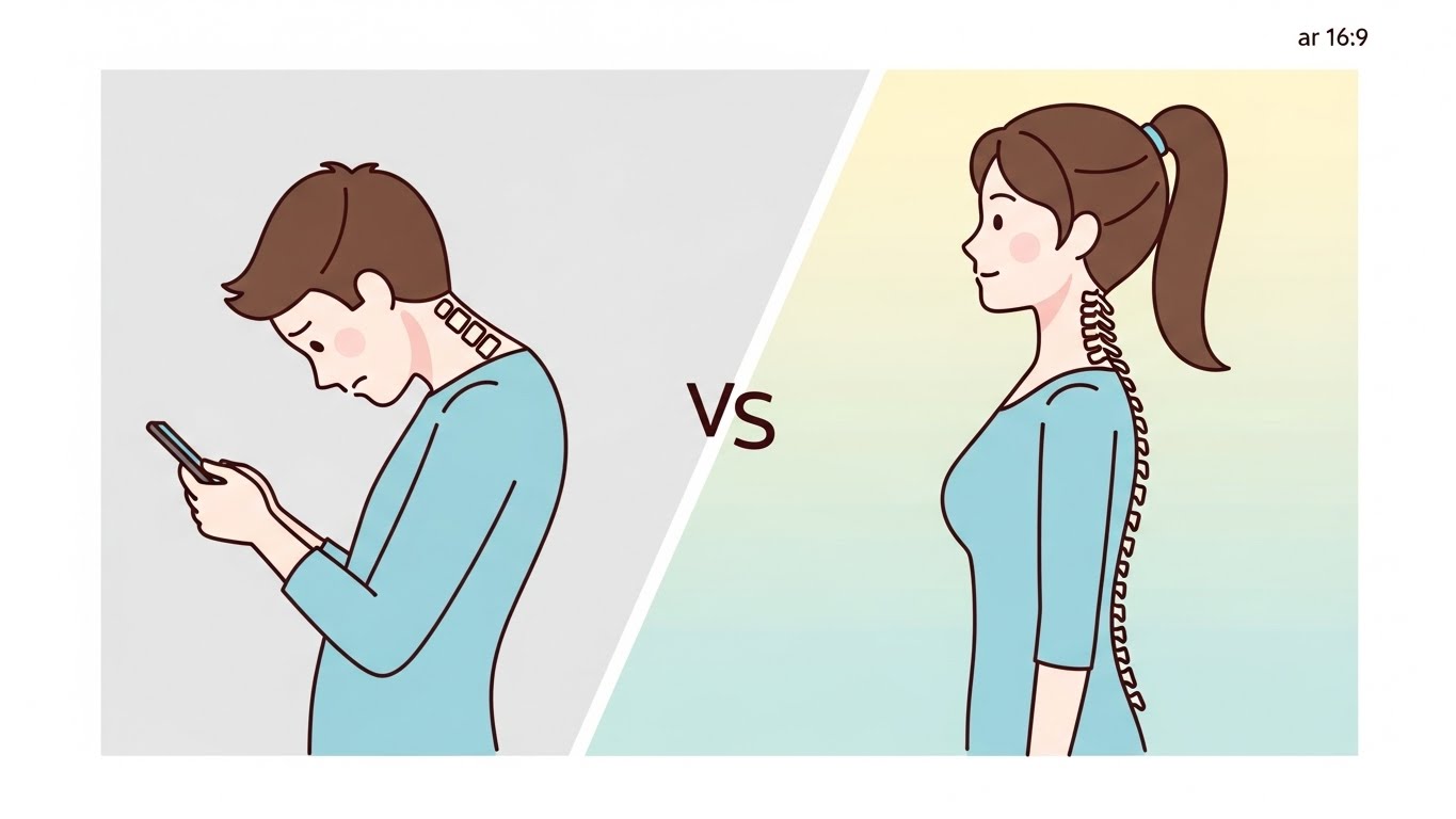 구부정한 자세 vs 바른 자세를 비교하는 인포그래픽