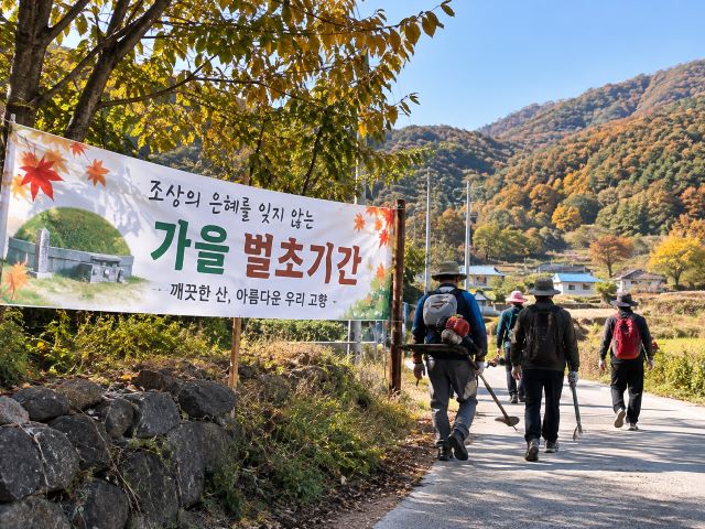 가을철 벌초를 위해 작업 도구를 들고 시골 길을 걷는 사람들