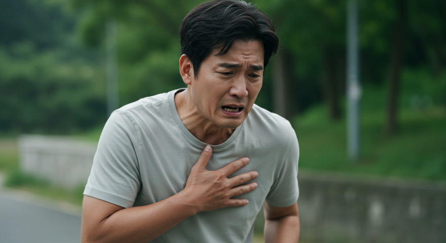 숨이 차서 가슴을 움켜쥐고 있는 한국인 남성