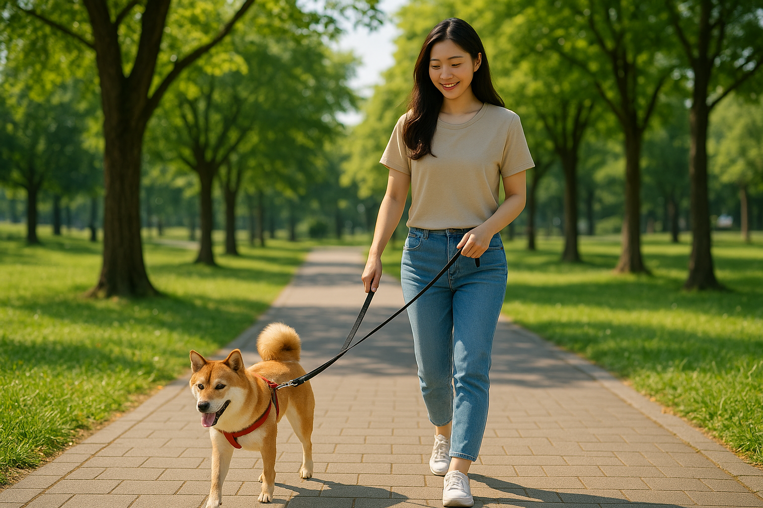 도심 공원 산책 중인 반려견과 보호자