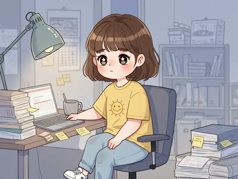 책상 위에 쌓인 서류와 모호한 지시가 뜬 노트북 화면 앞에서 당황하는 귀여운 캐릭터 일러스트, 혼란스러운 사무실 배경