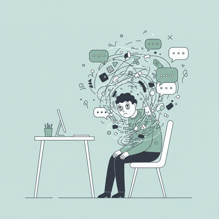 AI의 무질서한 답변으로 인해 혼란을 겪는 상황을 묘사한 차분한 플랫 일러스트
