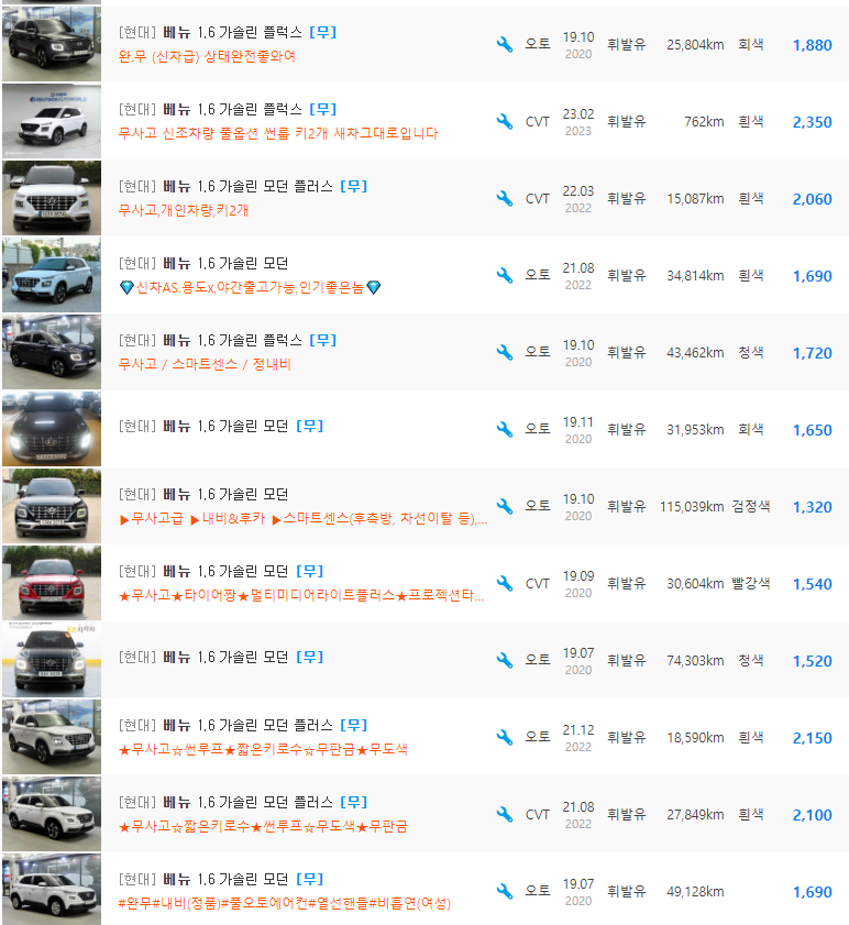 베뉴 1.6 가솔린 등급 중고차 가격 : 1&#44;199만원 ~ 2&#44;350만원