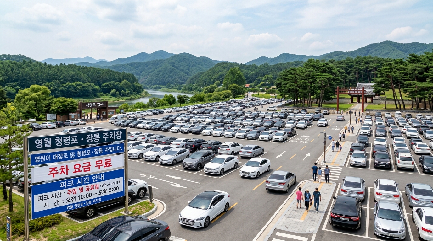 영월 청령포 및 장릉 입구의 무료 주차장 전경과 혼잡 시간대 안내 이미지
