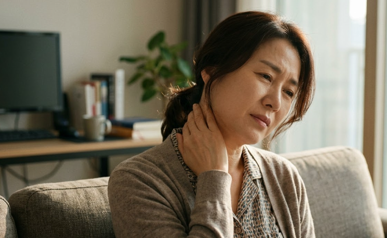 목에 통증이 있어서 목을 잡고 있는 환자