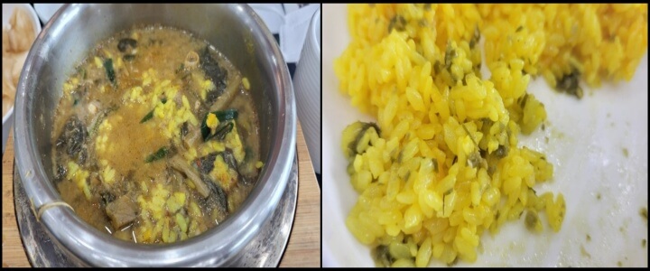 천안 하종률 황금추어탕 식당 음식 - 추어탕에 강황돌솥밥 말아먹기(좌), 강황돌솥밥에 꼬시래기무침과 비빔고추양념 비벼먹기(우)