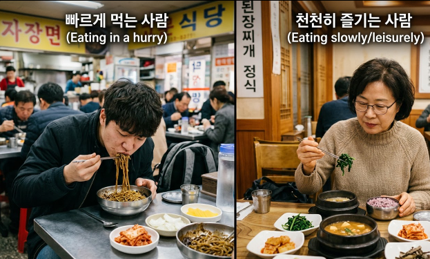 급하게 식사하는 모습과 천천히 식사하는 모습을 비교한 이미지