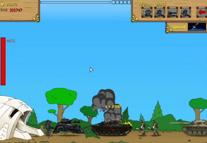 전쟁시대1-플래시게임-플레이-슈퍼솔저로-적군의-탱크를-파괴하는-화면