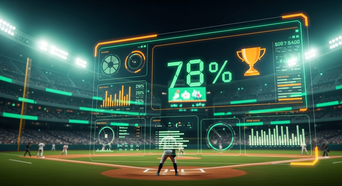 미래형 야구 경기장에서 복잡한 데이터 분석 그래프와 78% 우승 확률이 표시된 홀로그램 스크린을 보여주며, AI가 예측한 2026년 기아 타이거즈의 통합 우승 가능성을 시각적으로 표현한 이미지