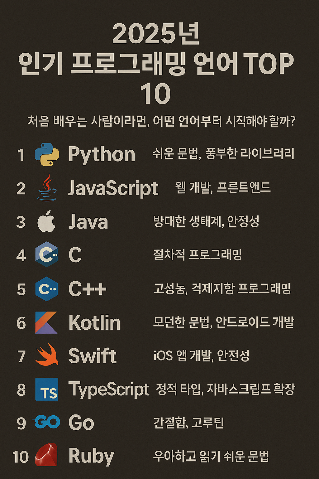 2025년 인기 프로그래밍 언어 TOP 10