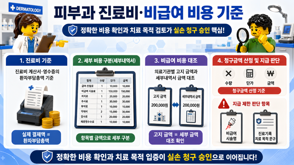 레이저, 주사치료, 압출, 냉동치료, 드레싱 비용을 세부내역서 항목명으로 구분한 인포그래픽