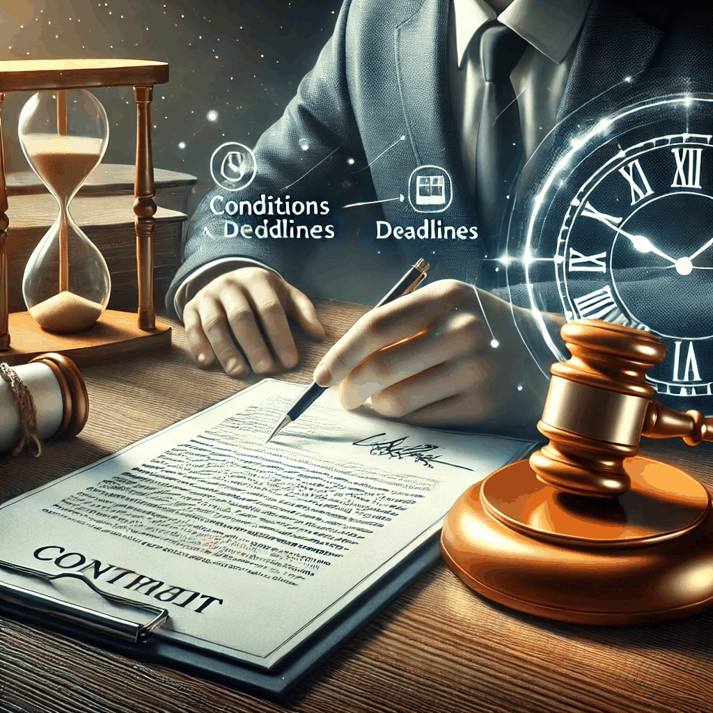 법률 계약서에서 조건과 기한의 중요성을 강조하는 전문적인 분위기의 서명 장면