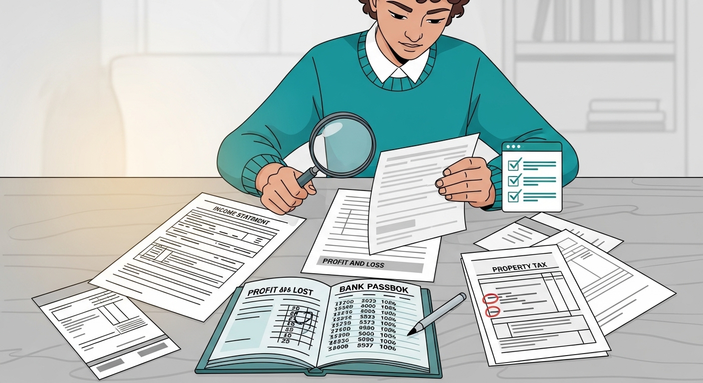 청년이 소득 증명서, 자산 목록 등 각종 금융 서류를 꼼꼼히 검토하고 정리하는 모습.