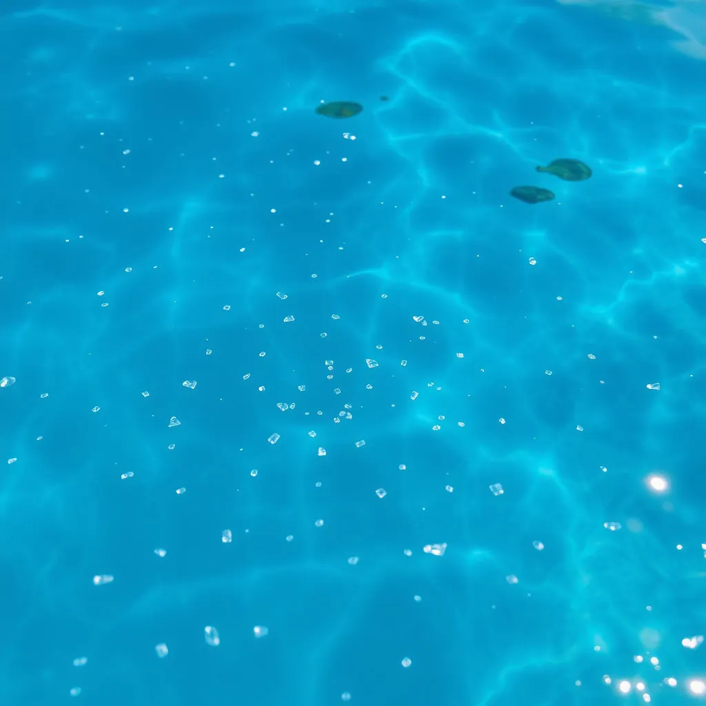 아름다운 강물이나 바다 표면에 작은 플라스틱 입자들이 떠다니는 모습. 맑고 푸른 자연과 대비되는 플라스틱 조각들로 환경 오염의 심각성을 강조합니다.