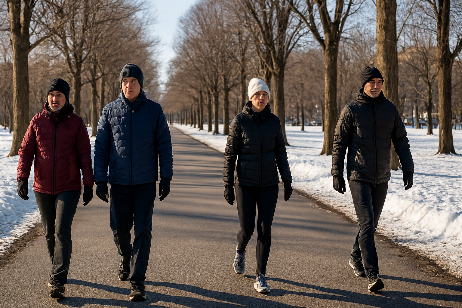 겨울철 낮 시간대 공원에서 걷기 운동을 하고 있는 사람들 모습