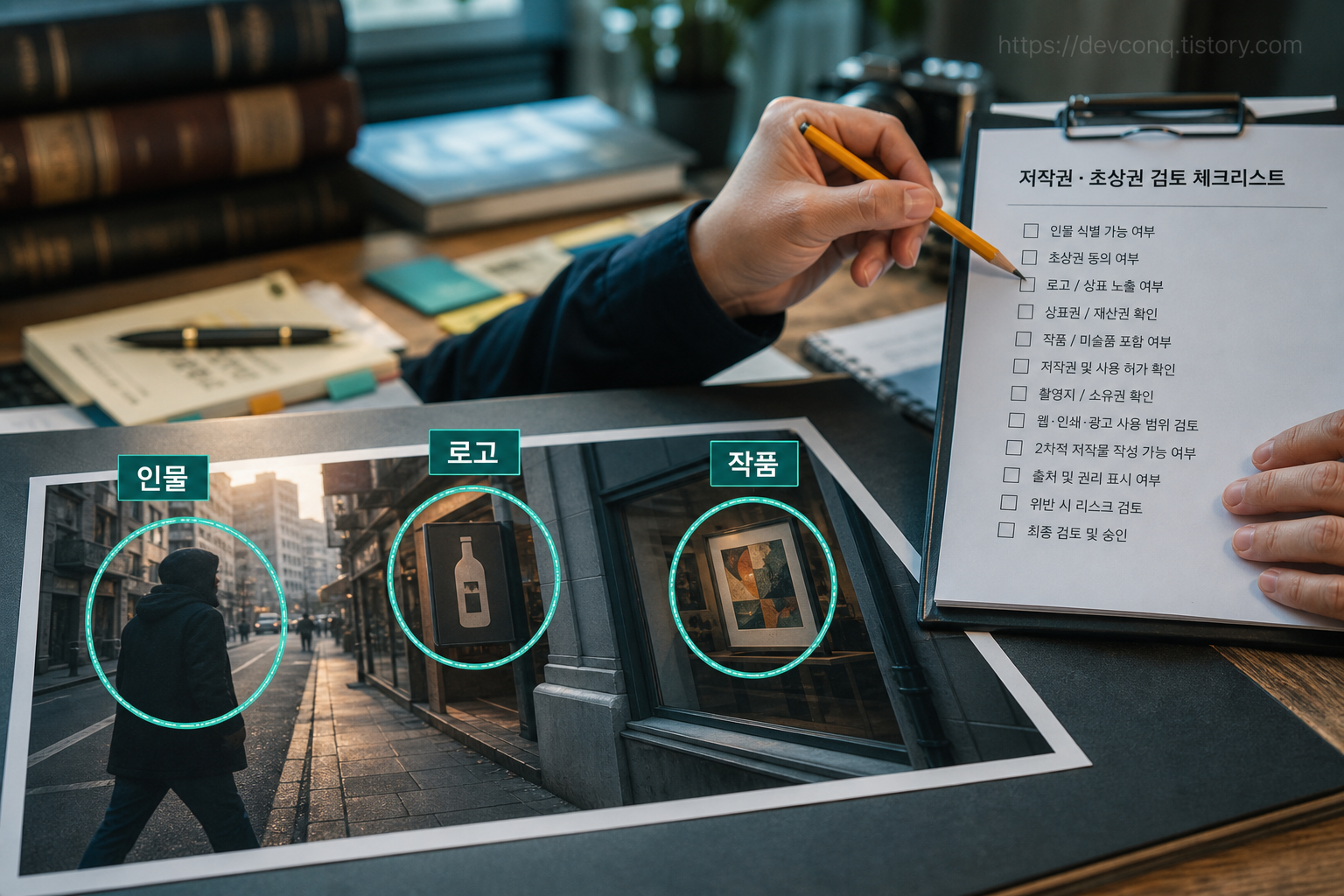 사진 속 얼굴과 로고와 예술 작품에 각각 확인 표시가 놓인 검수 장면