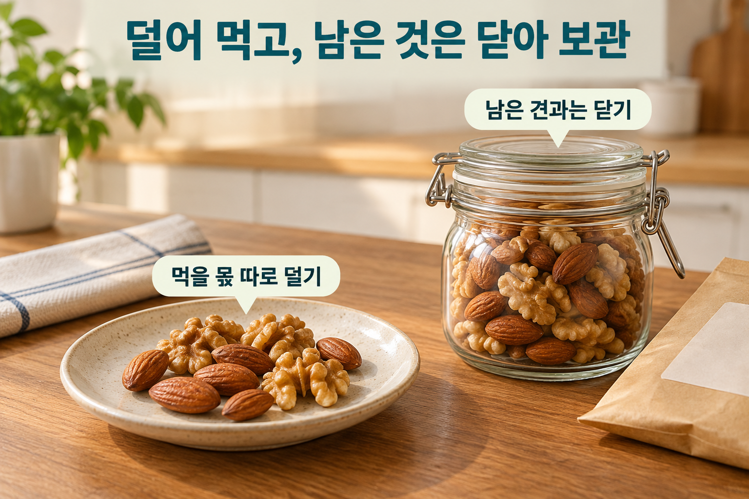 한 번 먹을 몫의 접시와 뚜껑을 닫은 보관용 유리병