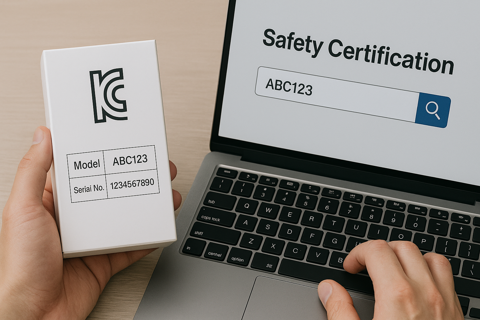 제품 상자의 모델명과 KC 표시를 확인하며 노트북에서 안전인증 포털에 모델명을 검색하는 장면