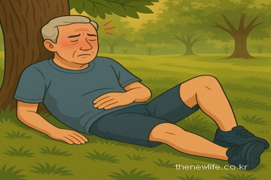 A middle-aged man suffering from heatstroke sits under a tree with his eyes closed and a pained expression. / 열사병에 걸린 중년 남성이 나무 그늘 아래에서 눈을 감고 힘든 표정을 짓고 있는 모습/열사병과 일사병의 차이 설명 이미지
