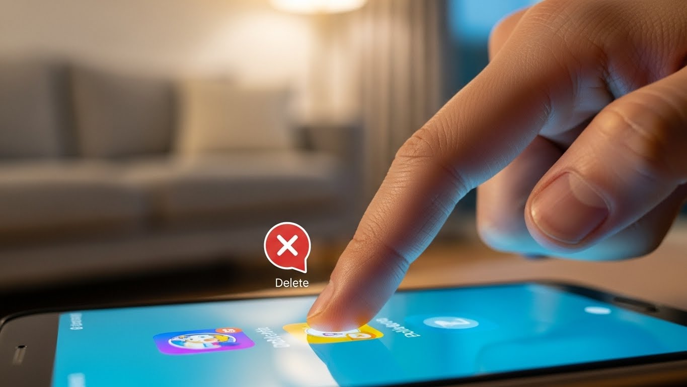 사용하지 않는 불필요한 앱을 삭제하여 디지털 환경을 정리하는 한국인의 손