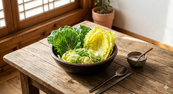 햇살이 잘 드는 창가 옆 나무 테이블 위에 놓인 신선한 봄동. 초록색 겉잎과 노란색 속잎이 조화를 이루며 세라믹 볼에 가득 담겨 있는 모습. 신선한 수분감이 느껴지는 8k 고해상도 요리 식재료 사진