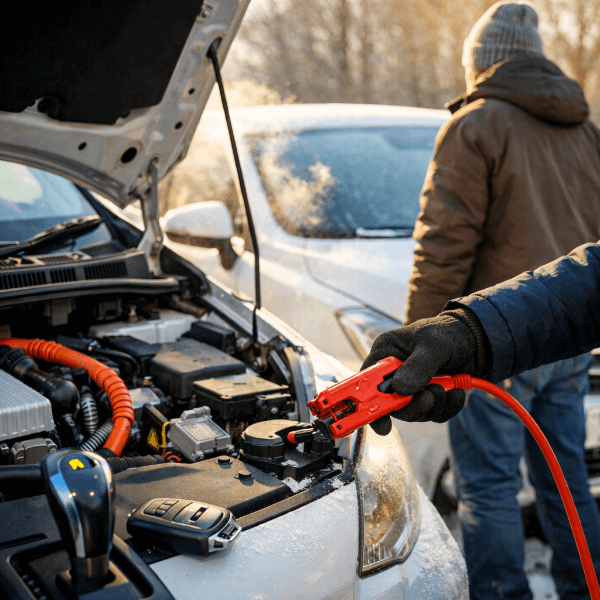 추운 날 하이브리드 차량 배터리 점검 장면
