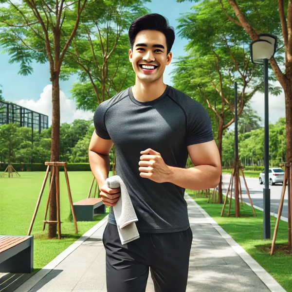 체중 정체기를 극복하기 위해 꾸준히 조깅하는 동양인 남성