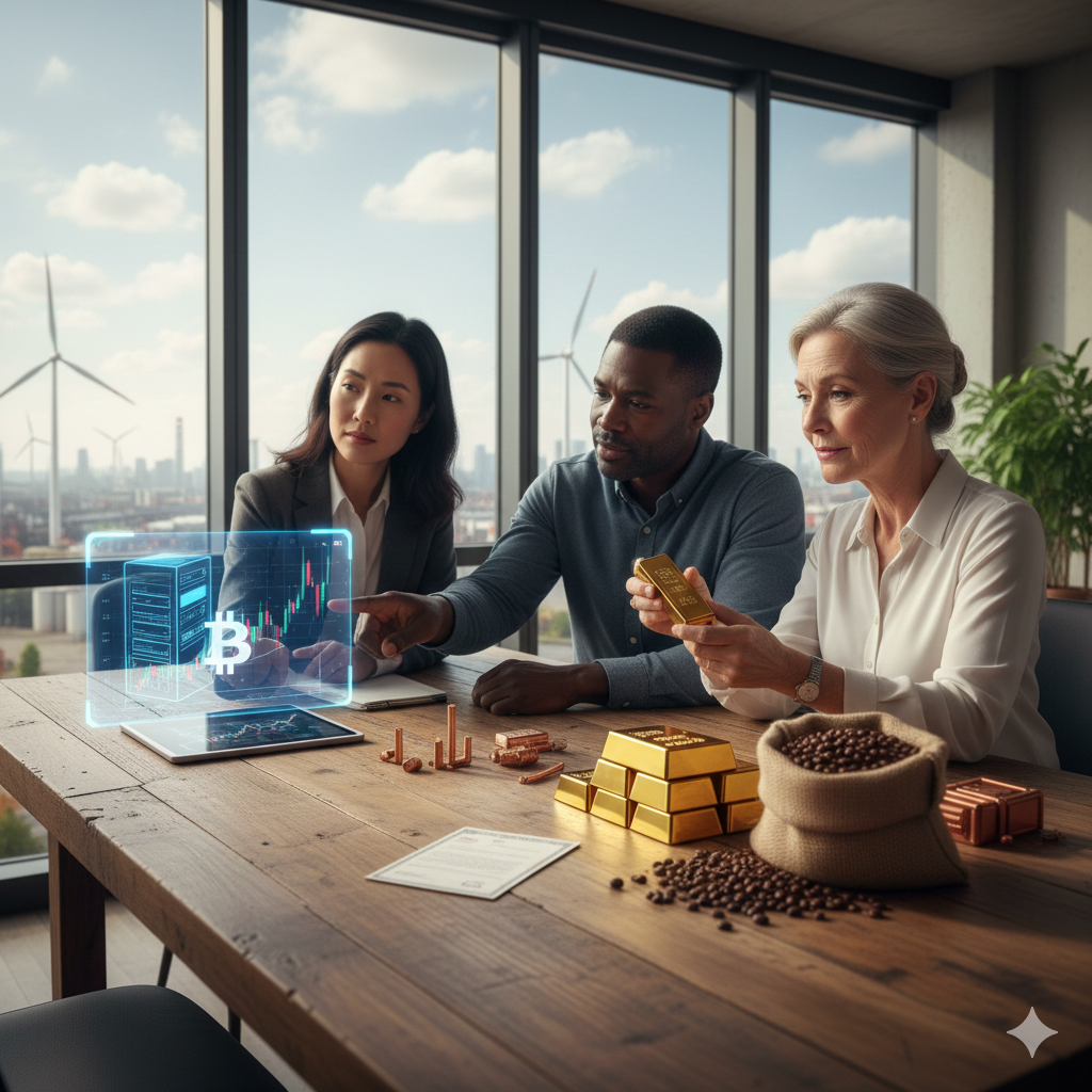 현대 사무실에서 세 명의 비즈니스맨이 비트코인 그래프 홀로그램 앞에서 금괴와 커피콩 자루를 들고 대화하는 모습