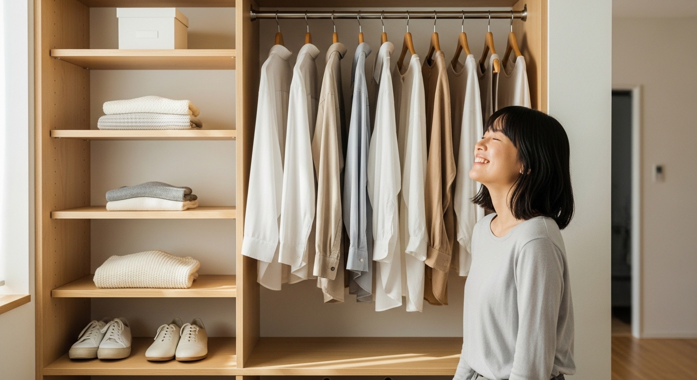 깔끔하게 정리된 미니멀리즘 옷장을 보며 만족스럽게 웃고 있는 여성