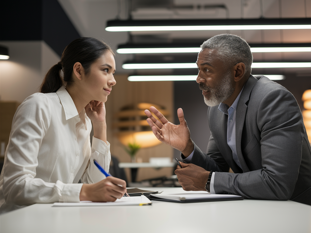 전문가에게 피드백을 요청하며 메모하는 직장인의 모습. 피드백을 주는 멘토는 친절하고 구체적인 조언을 제공하는 장면